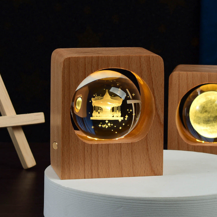 Beech Crystal Ball Night Light – 3D Laser Engraved Elk & Jellyfish LED Lamp with USB Dimming