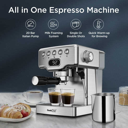 Geek Chef 20-Bar Espresso Machine – Stainless Steel Espresso Maker with Milk Frother & 1.8L Water Tank