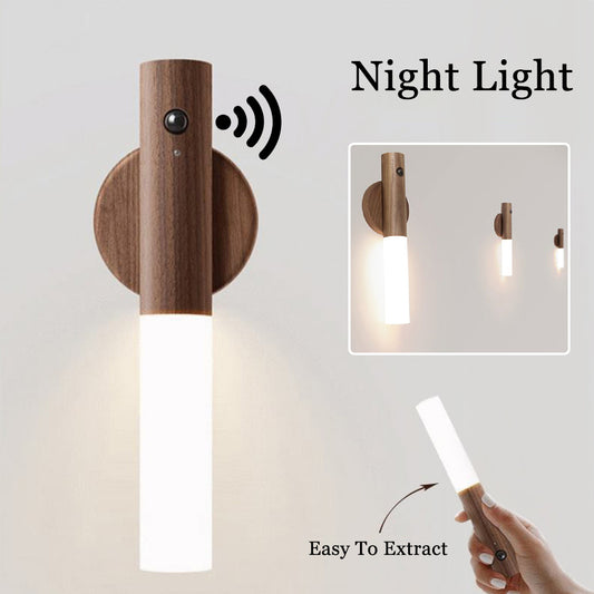 Auto LED USB Magnetic Wood Wireless Night Light – PIR Motion Sensor Wall & Cabinet Lamp