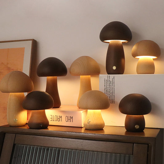 INS Wooden Mushroom LED Night Light – Touch-Controlled Bedside Lamp for Bedroom & Nursery