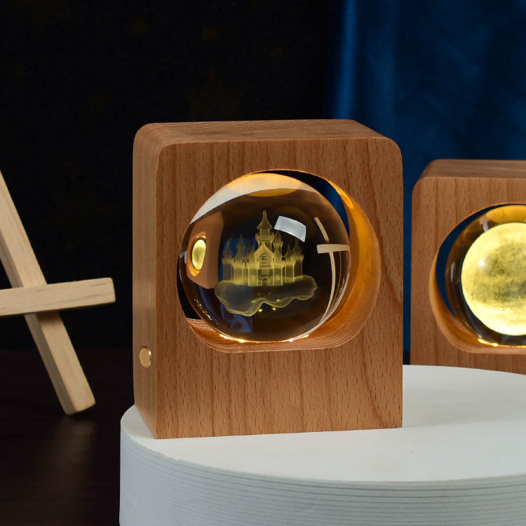 Beech Crystal Ball Night Light – 3D Laser Engraved Elk & Jellyfish LED Lamp with USB Dimming