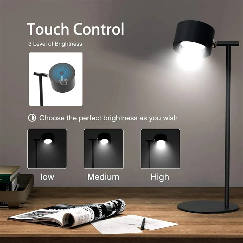 Magnetic Touchable LED USB Rechargeable Table Lamp – 360° Rotatable Cordless Desk Light with Remote Control