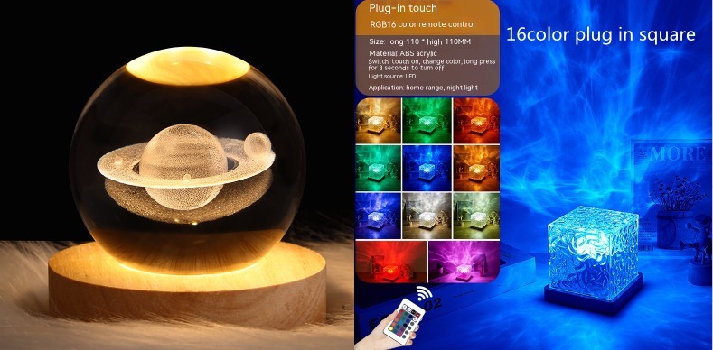 LED Water Ripple Ambient Night Light – USB Rotating Projection Crystal Table Lamp with RGB Dimmable Colors & 16 Lighting Effects