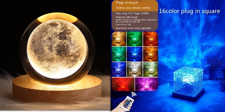 LED Water Ripple Ambient Night Light – USB Rotating Projection Crystal Table Lamp with RGB Dimmable Colors & 16 Lighting Effects
