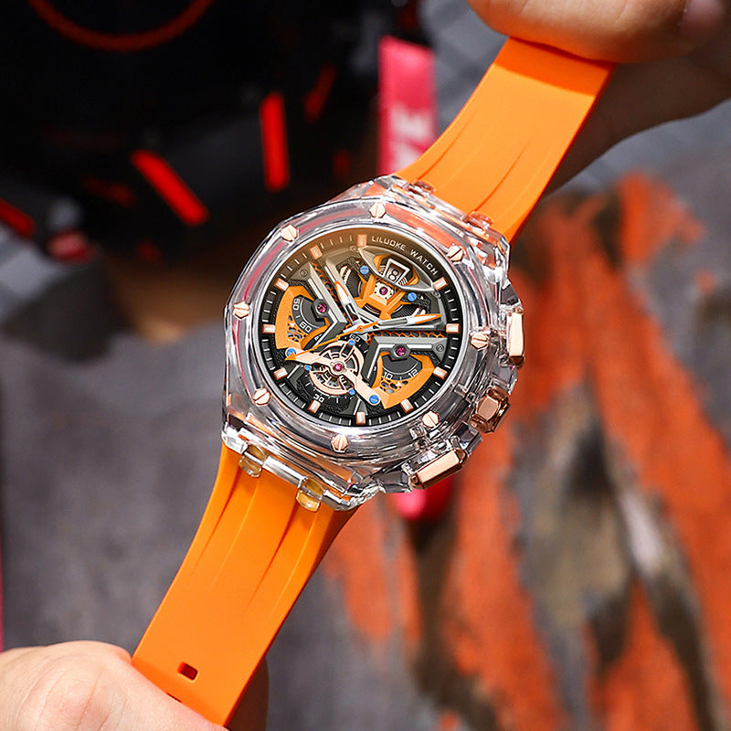 High-Grade Hollow Carved Luminous Quartz Watch – 3D Skeleton Design with Waterproof Feature