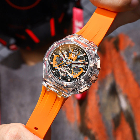 High-Grade Hollow Carved Luminous Quartz Watch – 3D Skeleton Design with Waterproof Feature