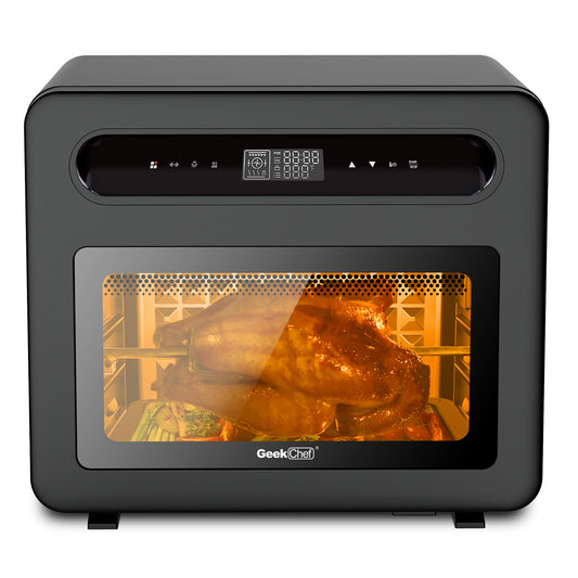 Geek Chef 26QT Steam Air Fryer Toaster Oven – 50-in-1 Countertop Convection Oven with Rotisserie, Dehydrator, and LED Touchscreen – Black Stainless Steel