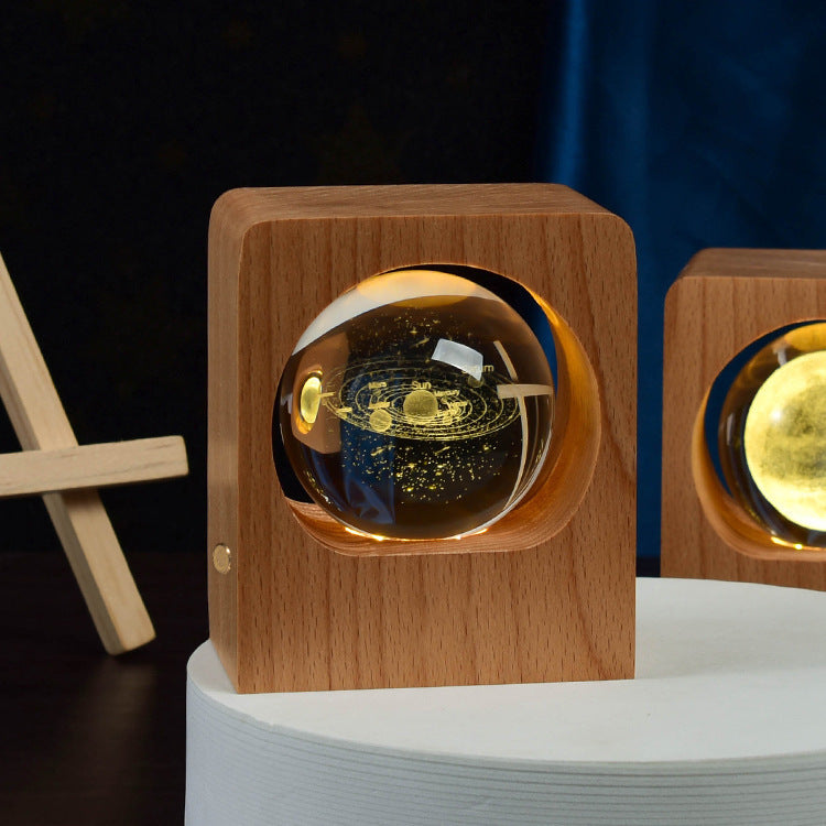Beech Crystal Ball Night Light – 3D Laser Engraved Elk & Jellyfish LED Lamp with USB Dimming