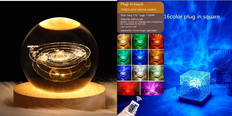 LED Water Ripple Ambient Night Light – USB Rotating Projection Crystal Table Lamp with RGB Dimmable Colors & 16 Lighting Effects