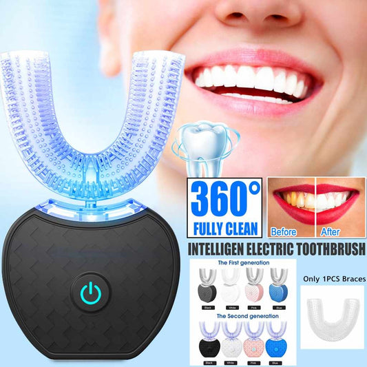 360° Intelligent Automatic Electric Toothbrush – U-Shaped, Whitening Blue Light, Waterproof, USB Charging