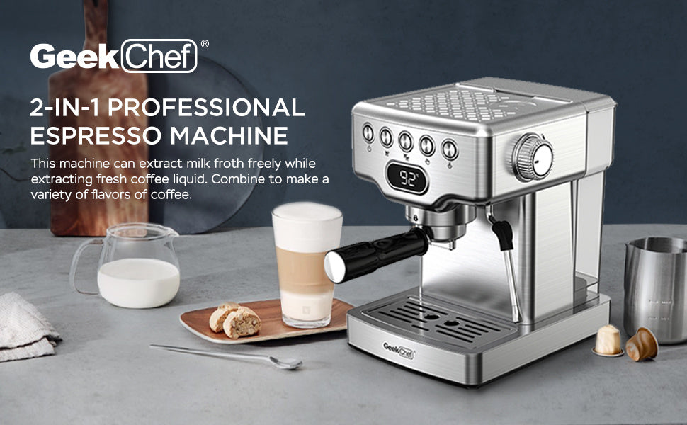 Geek Chef 20-Bar Espresso Machine – Stainless Steel Espresso Maker with Milk Frother & 1.8L Water Tank
