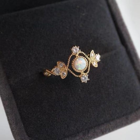 Inlaid Natural Opal Stone Ring – Copper-Plated Gold Band with Elegant Design
